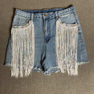 Women’s Original Hand Embellished Sequin Fringe Denim Festival Shorts